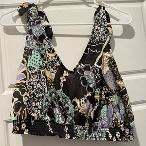 Free People Black and Purple Floral Crop Top